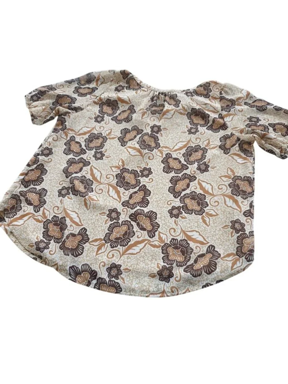 Loft Womens Floral Puff Sleeve Blouse Beige Brown Medium Lightweight V Neckline
